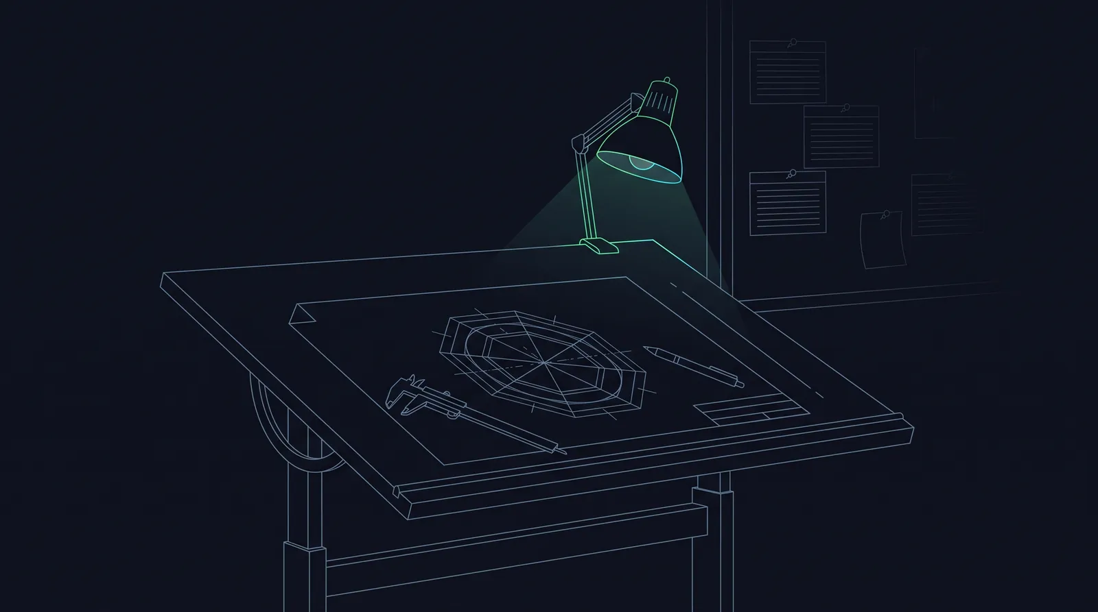 Illustration: a drafting table at night with an unfinished octagonal blueprint