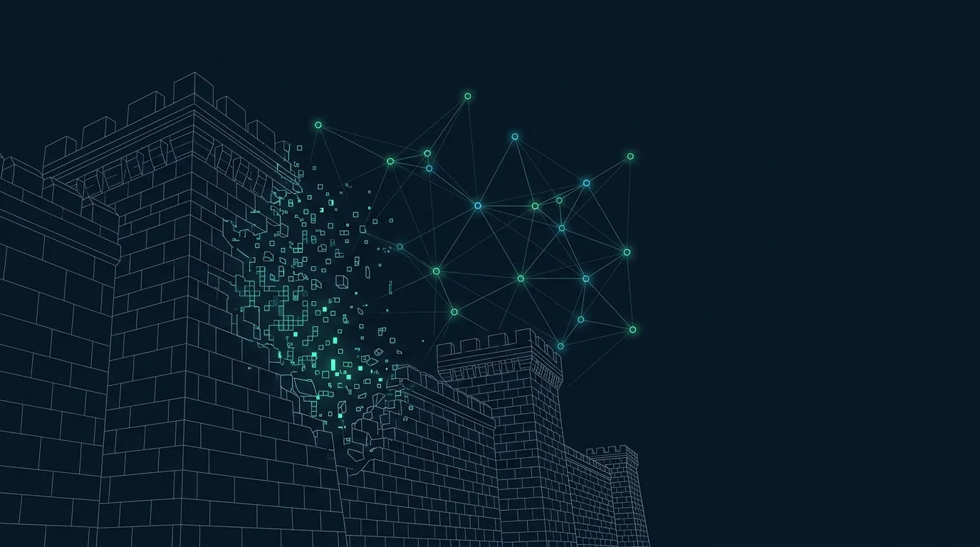 Illustration: a stone perimeter wall dissolving into a glowing network lattice