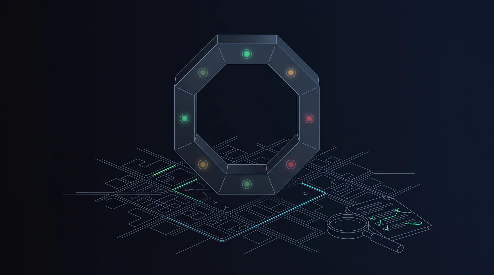 Illustration: an octagonal gauge with green-amber-red lamps auditing a network map