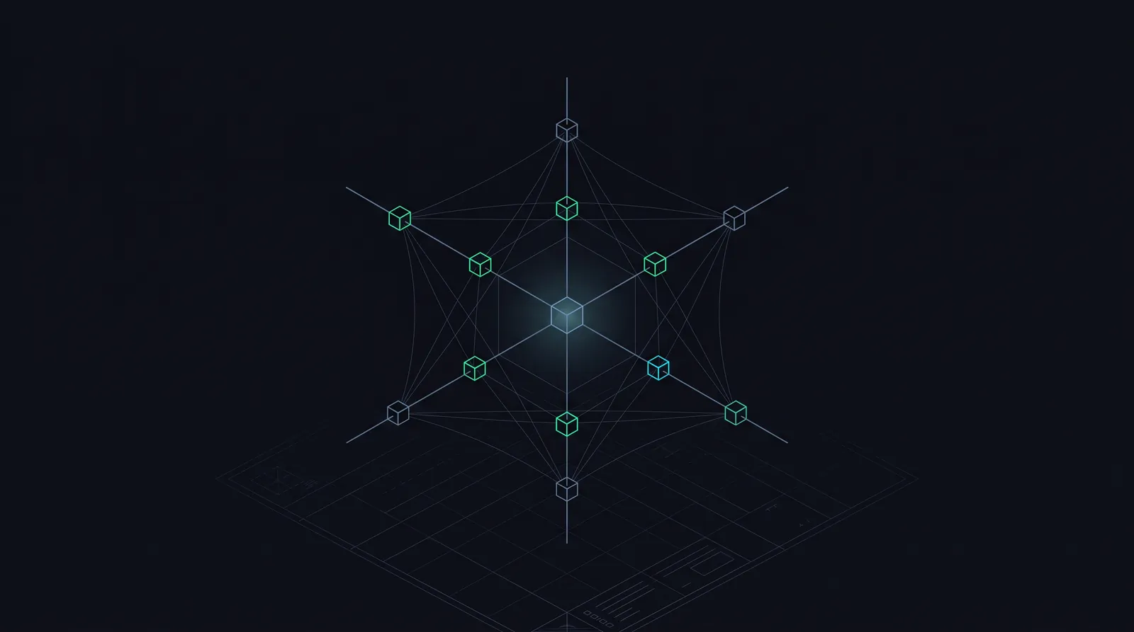 Illustration: a nine-axis configuration lattice with marker cubes and constraint lines