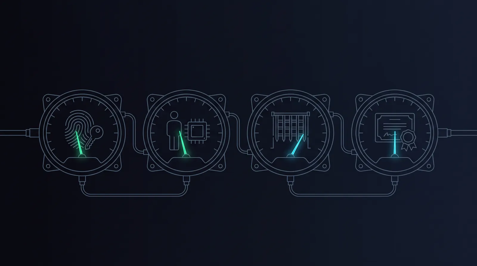 Illustration: four precision gauges for trust, identity, enforcement and attestation
