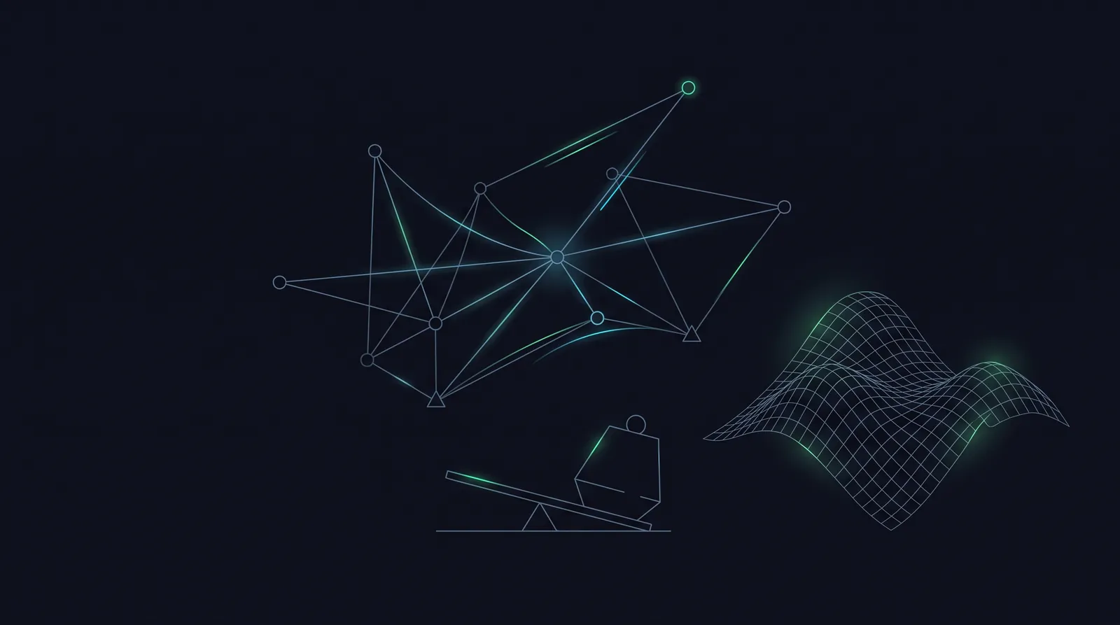 Illustration: nine linked nodes, a lever on a fulcrum, and a rising capability surface