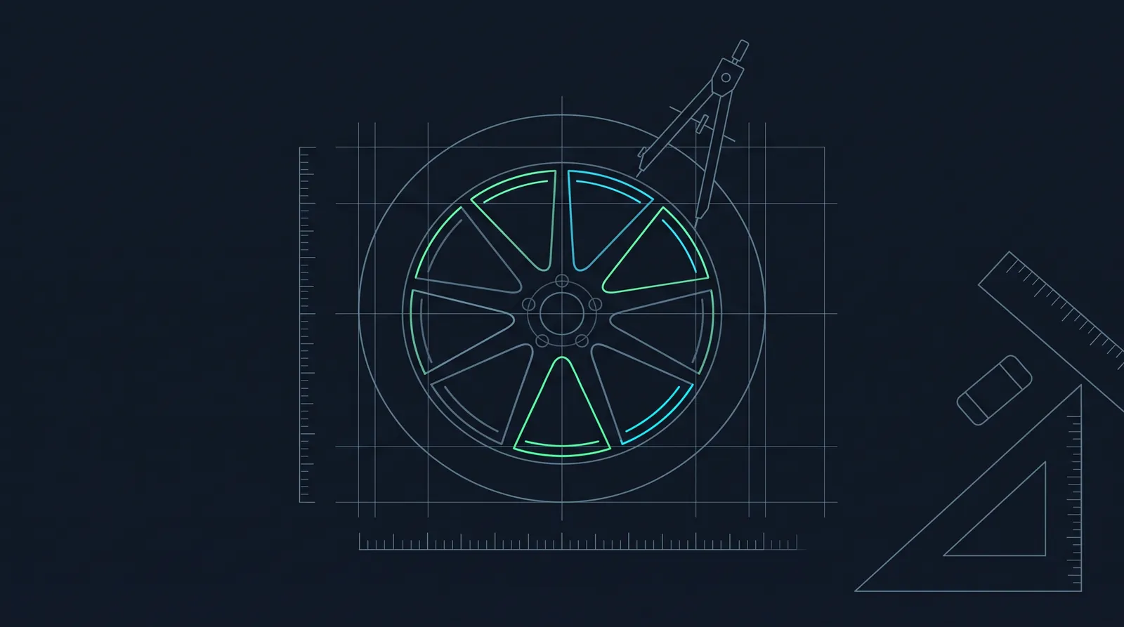 Illustration: a drafting compass drawing a circle around a nine-spoke wheel