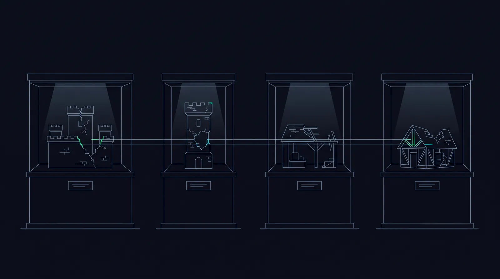 Illustration: four illuminated dioramas showing four archetypal breached structures