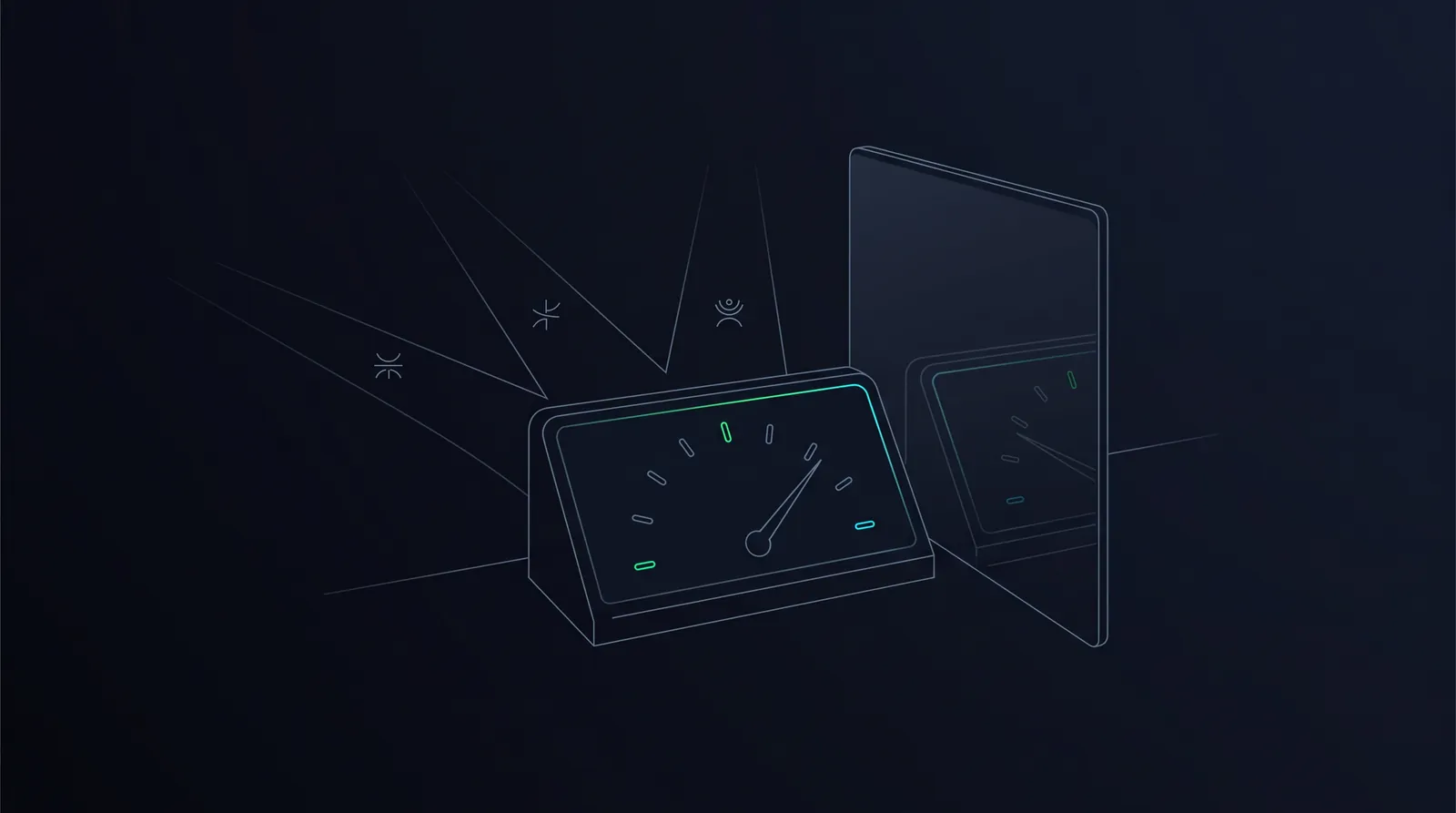 Illustration: a diagnostic console with twelve ticks, a sweeping needle and three diverging paths
