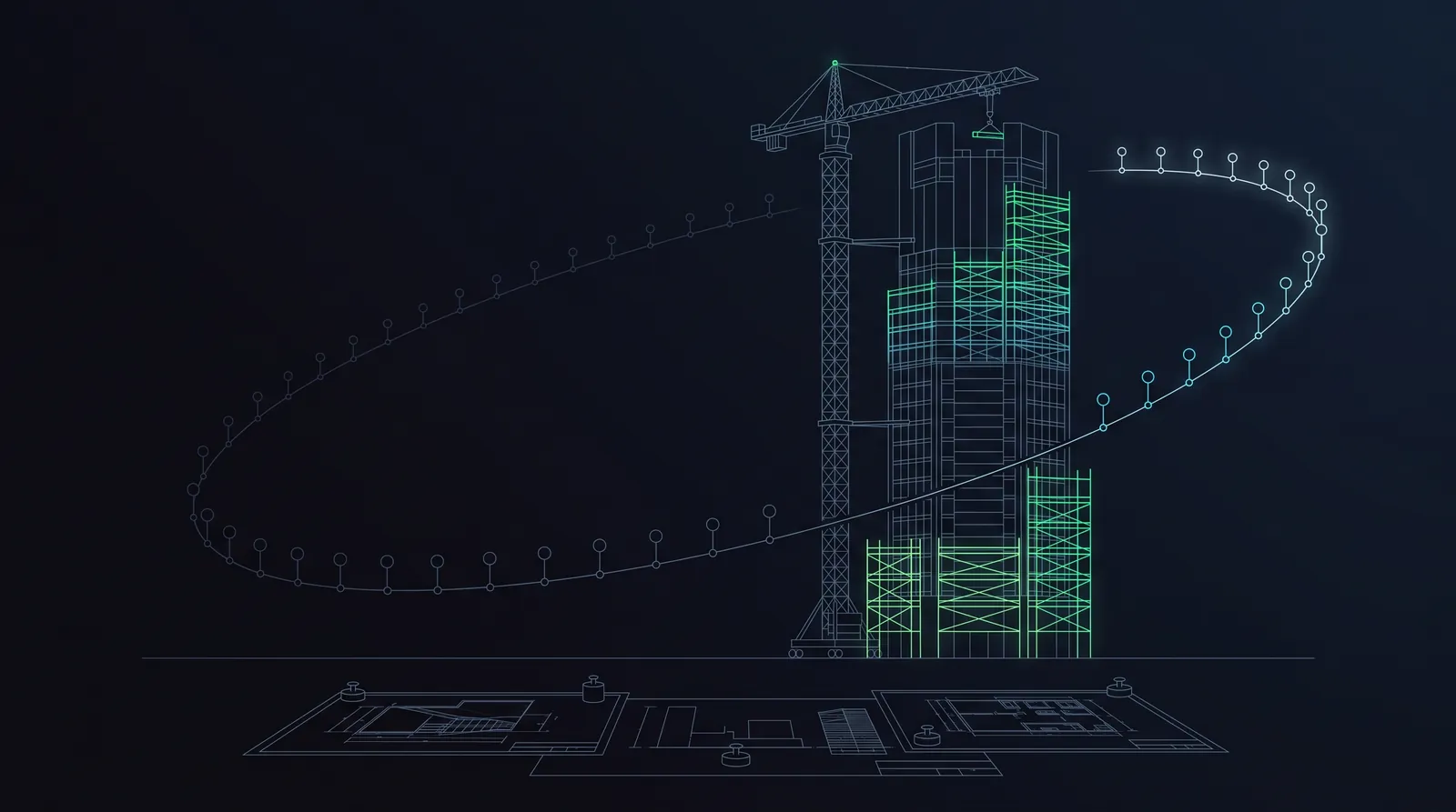 Illustration: a gantry crane rebuilding a tower while a lit milestone timeline arcs past it