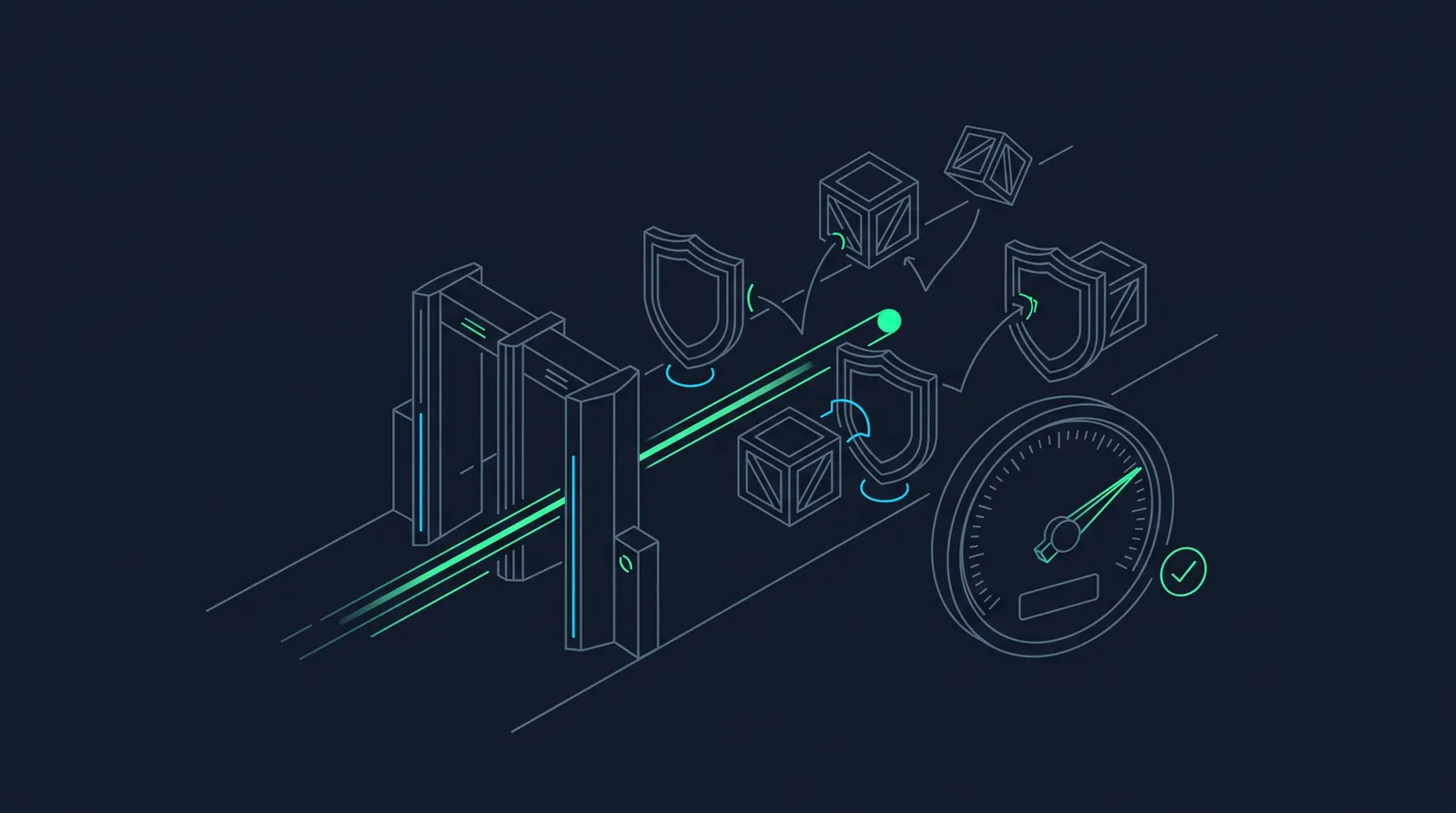 Illustration: a light-streak runner passing tightening gates at full speed, threats bouncing off