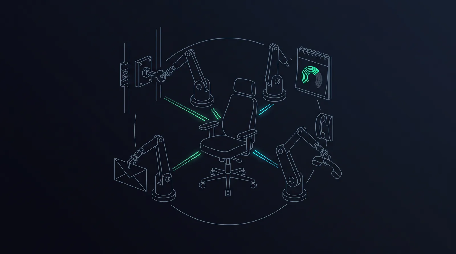 Illustration: one chair at the hub of a control room while robotic arms work around it