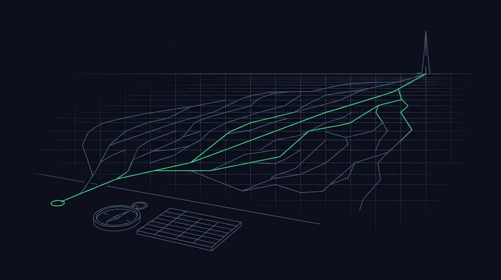 Illustration: one illuminated path through a dark decision lattice toward a distant spire
