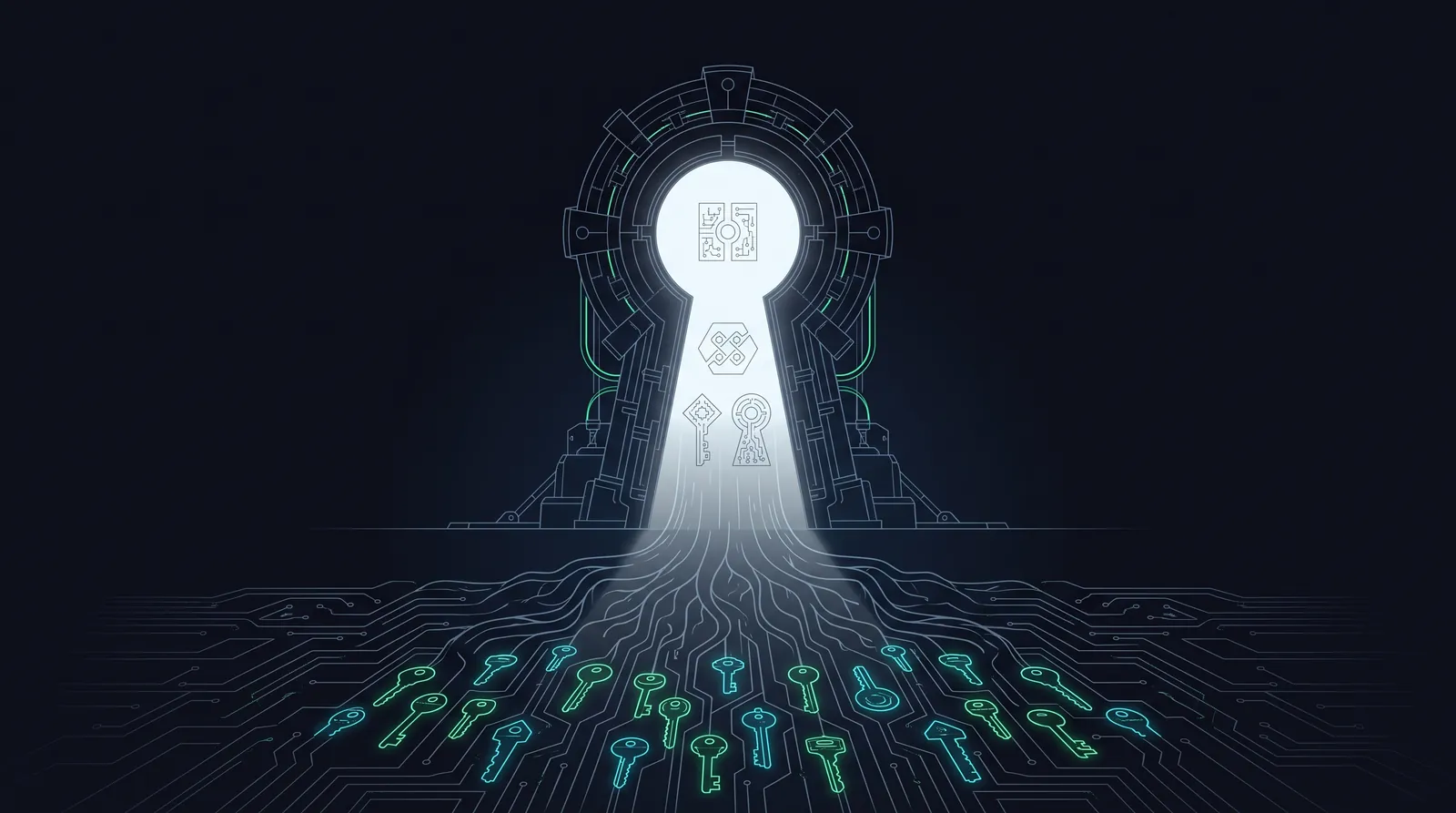 Illustration: a keyhole gate with a glowing key-circuit root system spreading below it