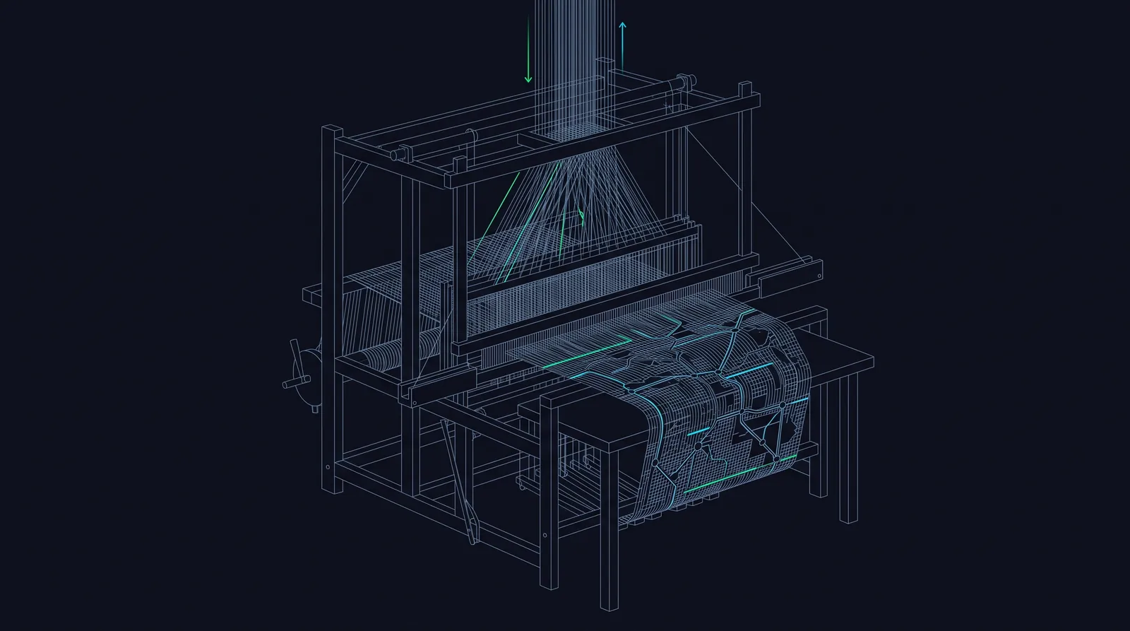 Illustration: a loom weaving blueprints and attack trails into one fabric map