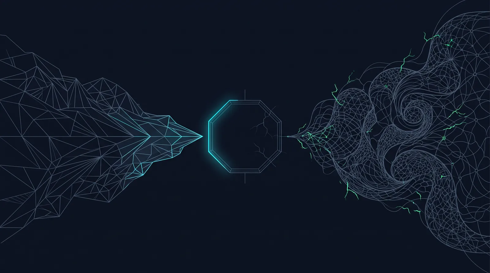 Illustration: quantum lattice and AI filament storms nearing an octagonal bastion's shield