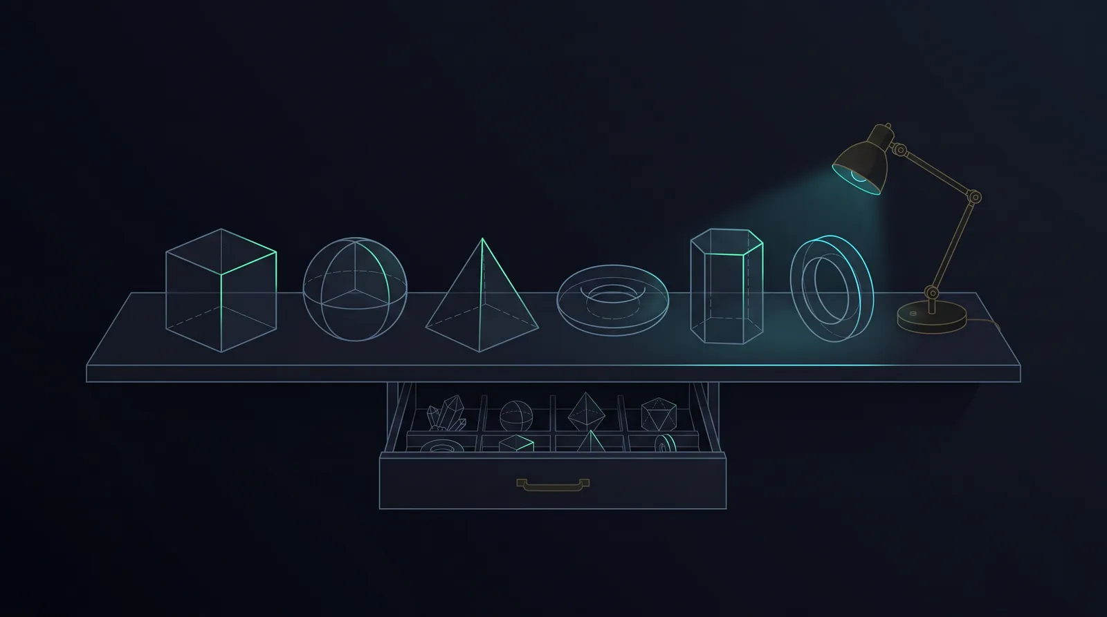 Illustration: a shelf of geometric crystal specimens arranged like a lexicon