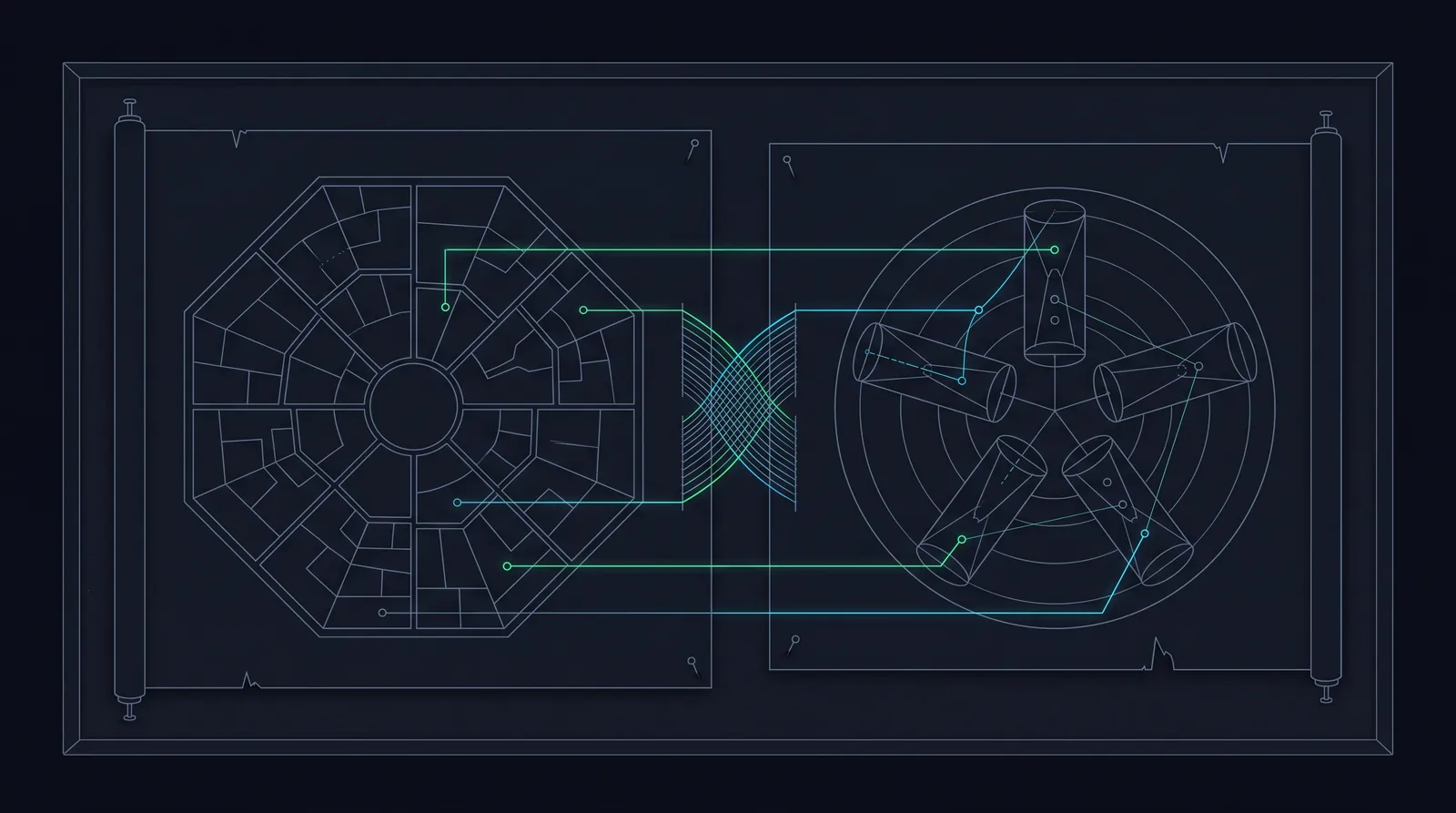 Illustration: two framework maps joined by luminous crosswalk threads between matching features