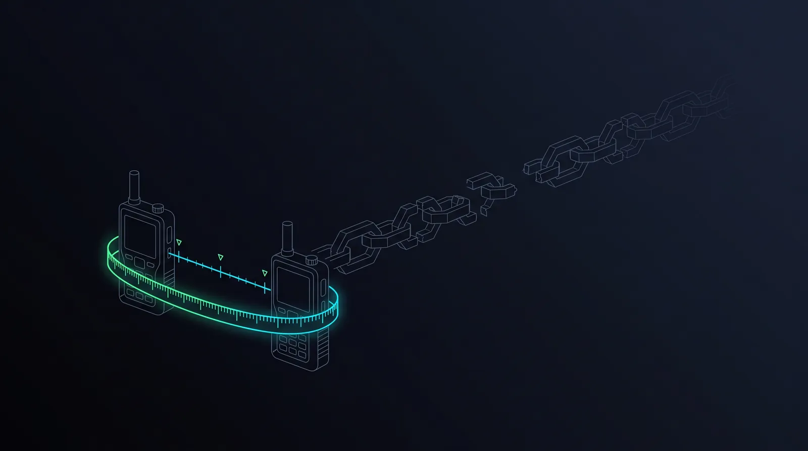 Illustration: two devices bound by a distance-measuring tether while a relay chain stretches away
