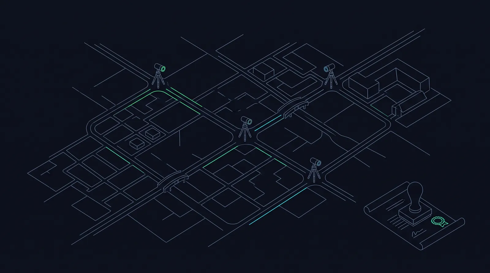 Illustration: a network topology like a city plan with auditor lenses at its intersections