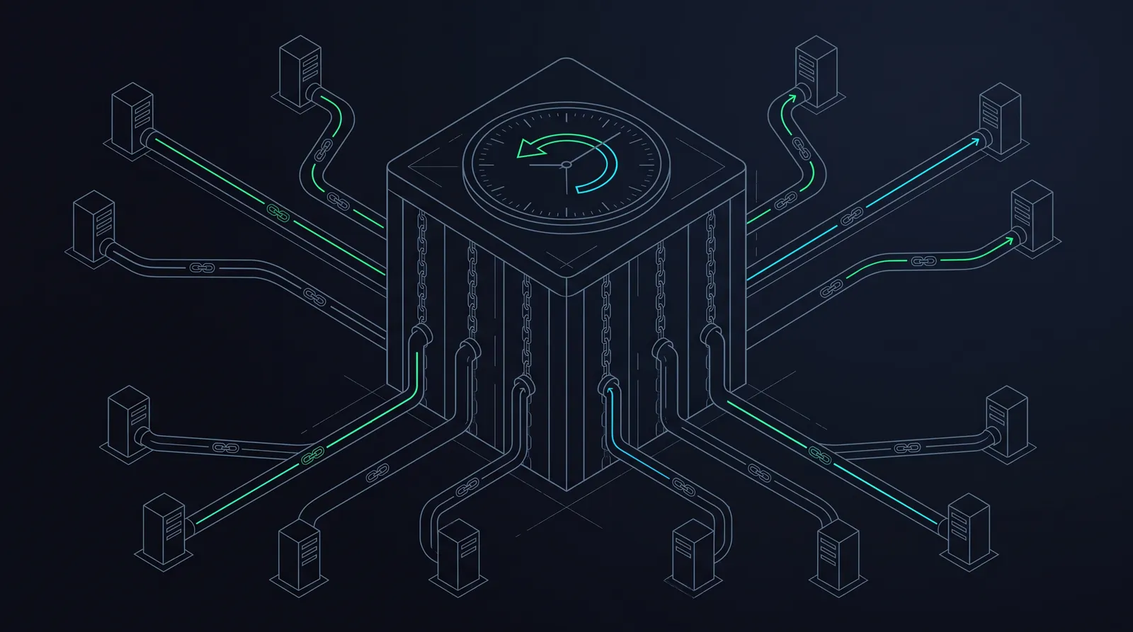 Illustration: sealed event pipelines from client towers flowing into an auditor vault with a looping clock