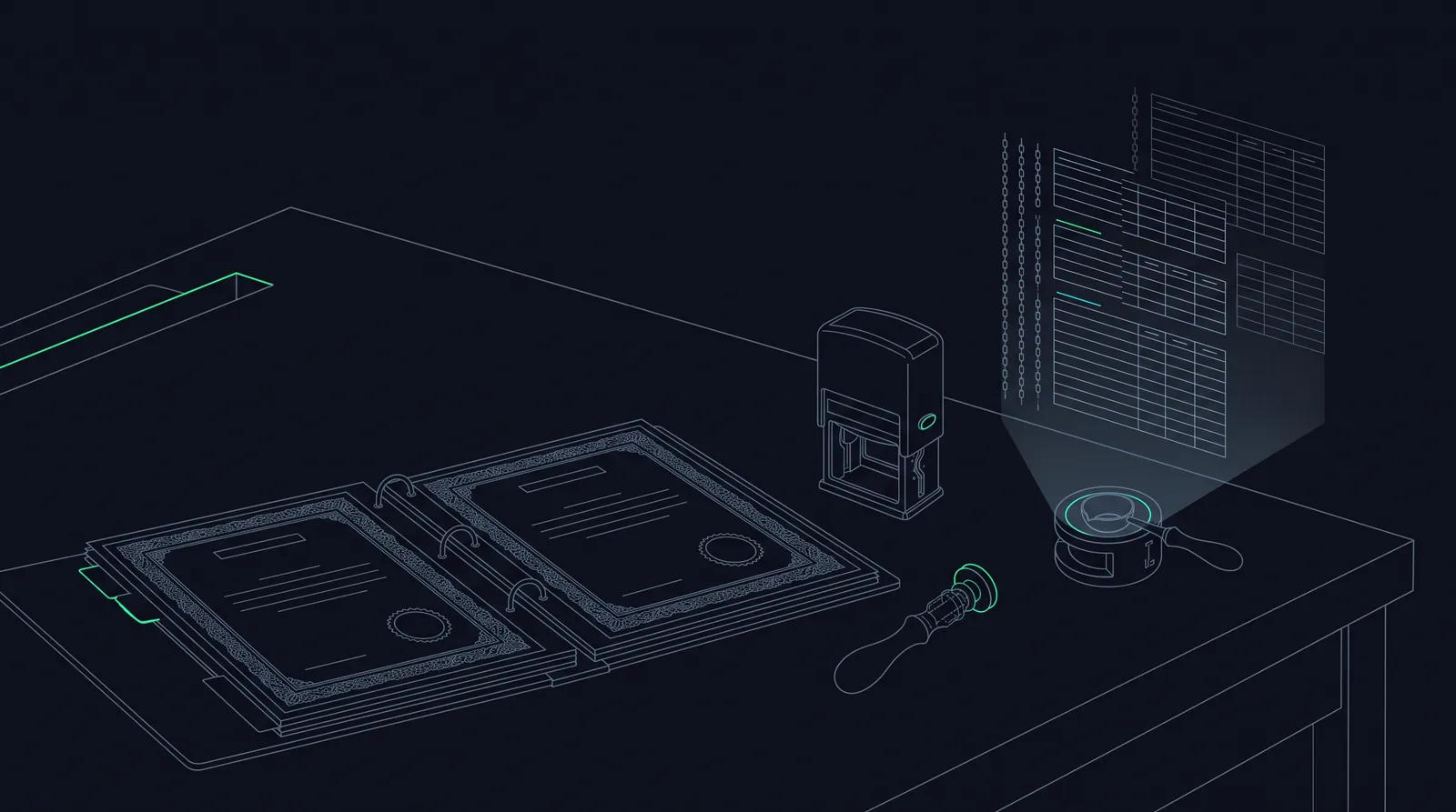 Illustration: a desk of blank certificate templates, a stamper, and a hologram of chained ledger rows