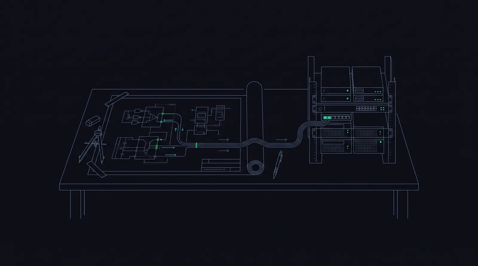 Illustration: a workbench where a blueprint cable runs into a glowing server rack