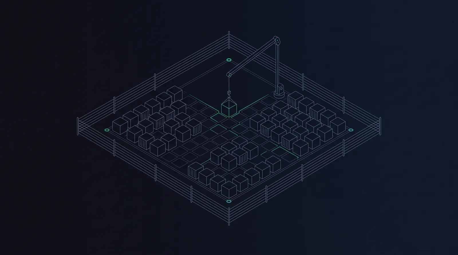 Illustration: container-cubes arranged on a grid by a crane inside a fence of policy lines