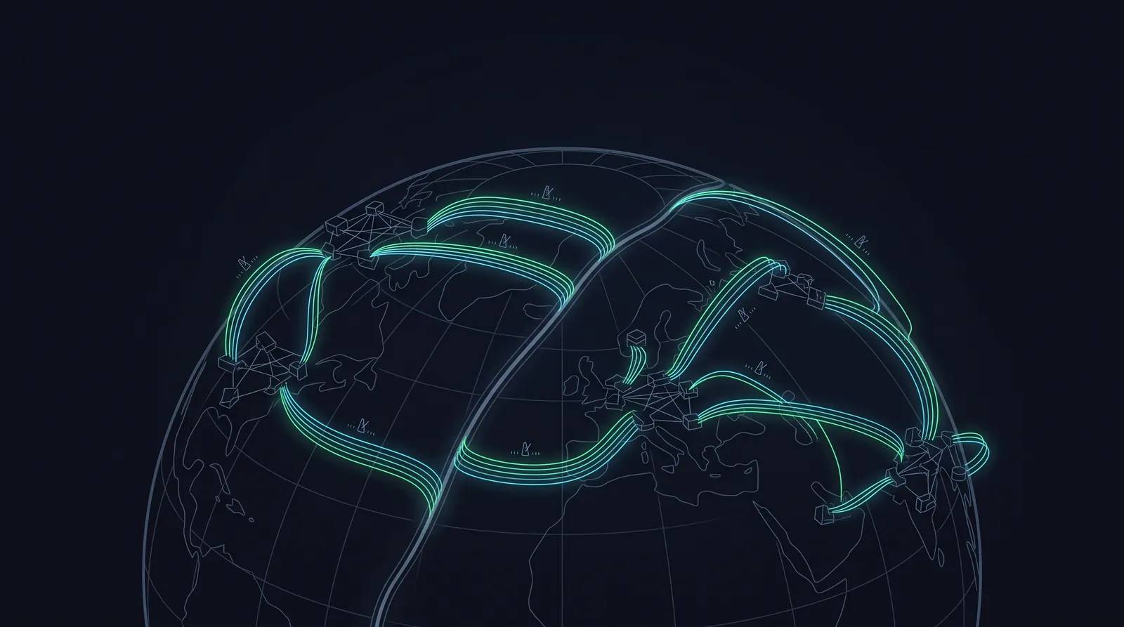 Illustration: a globe with data clusters exchanging balanced streams while a seam knits closed
