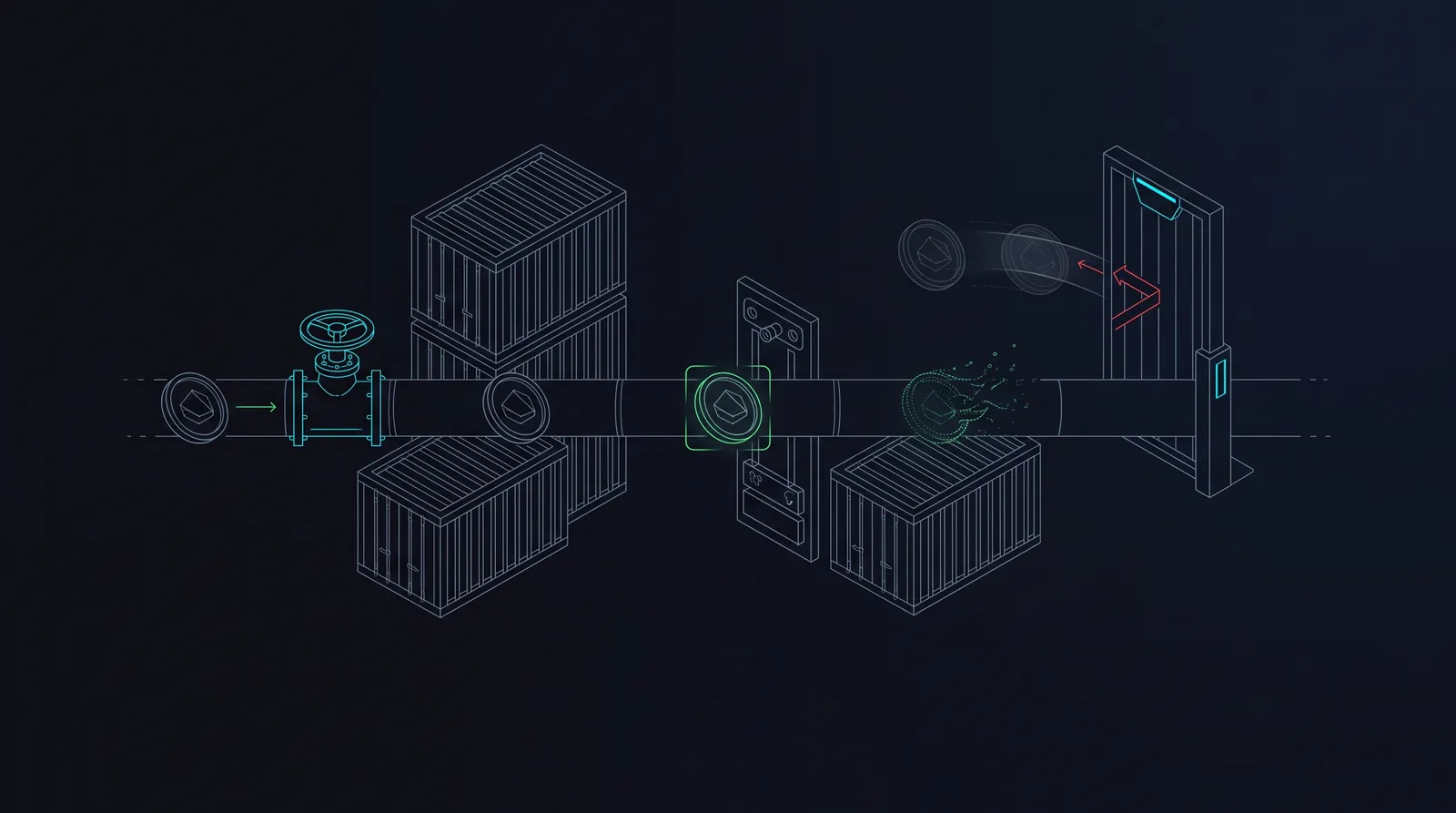 Illustration: container crates carrying single-use tokens, one expiring while a replay is turned away