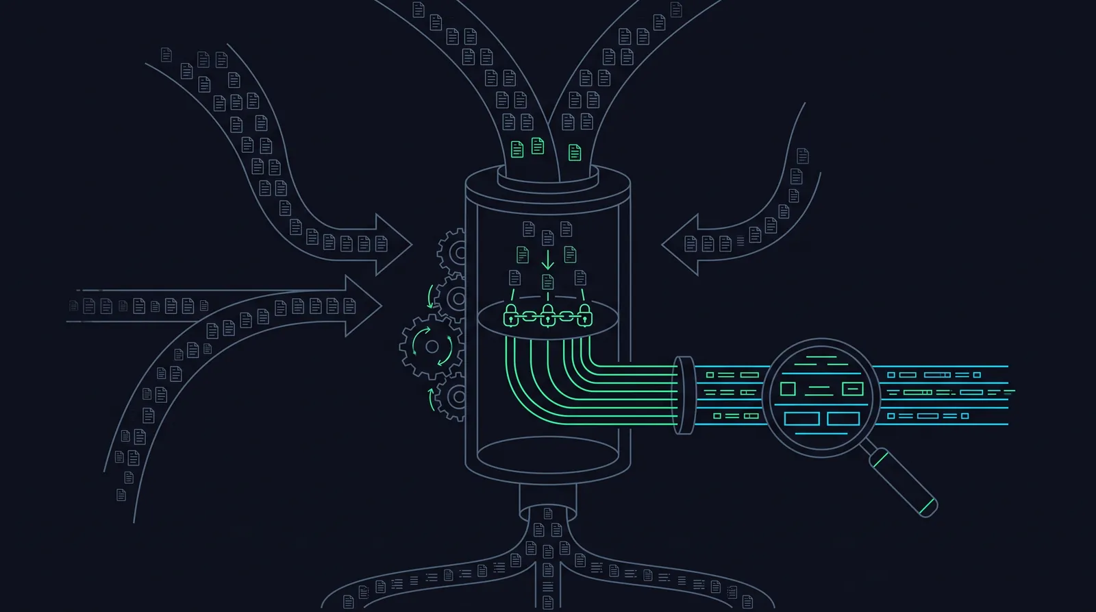 Illustration: log-stream rivers converging into a signing lens tower with detection gears
