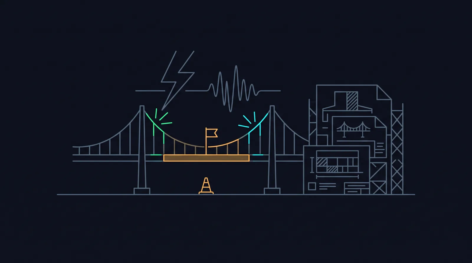 Illustration: a bridge holding under scripted lightning while one span is flagged for repair