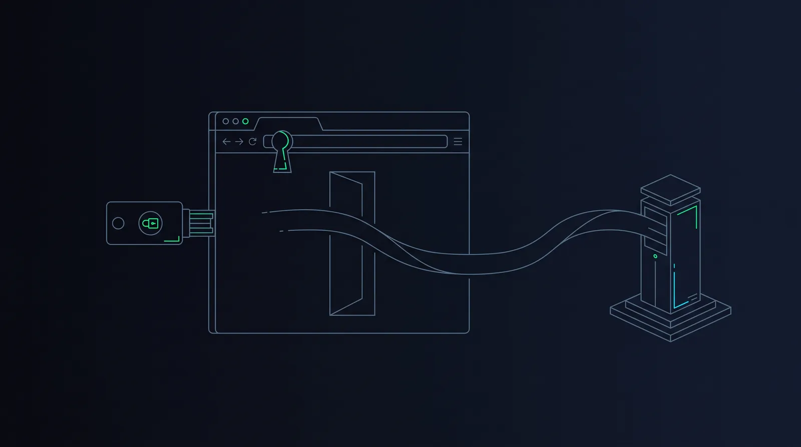 Illustration: a hardware key inserted into a browser-window keyhole, streaming an attestation ribbon