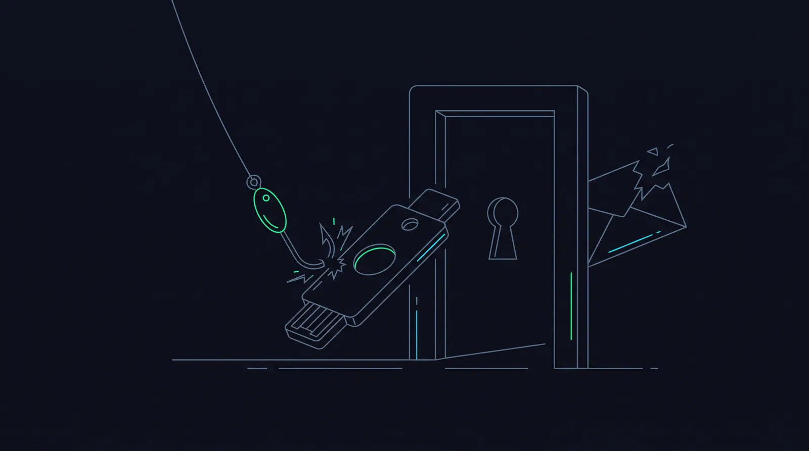 Illustration: a phishing lure's hook sliding off a hardware key before a keyhole gateway