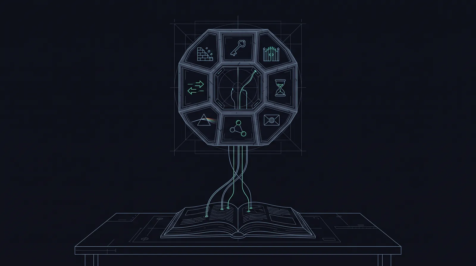 Illustration: the eight-sided Octagon instrument floating above an open book on a workbench